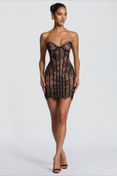 Lace Strapless Striped High Waist Slim Lace Dress
