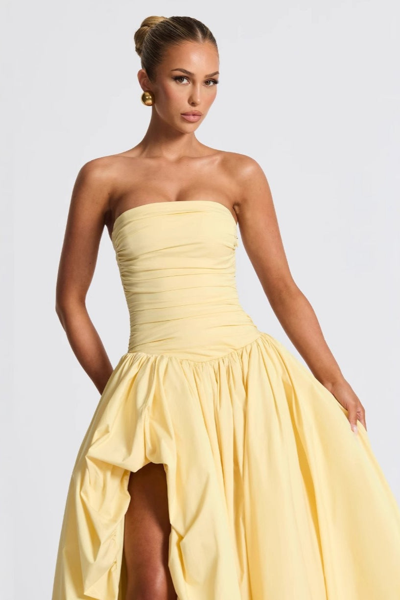 Strapless Ruched Drop Waist Bubble Hem Gown