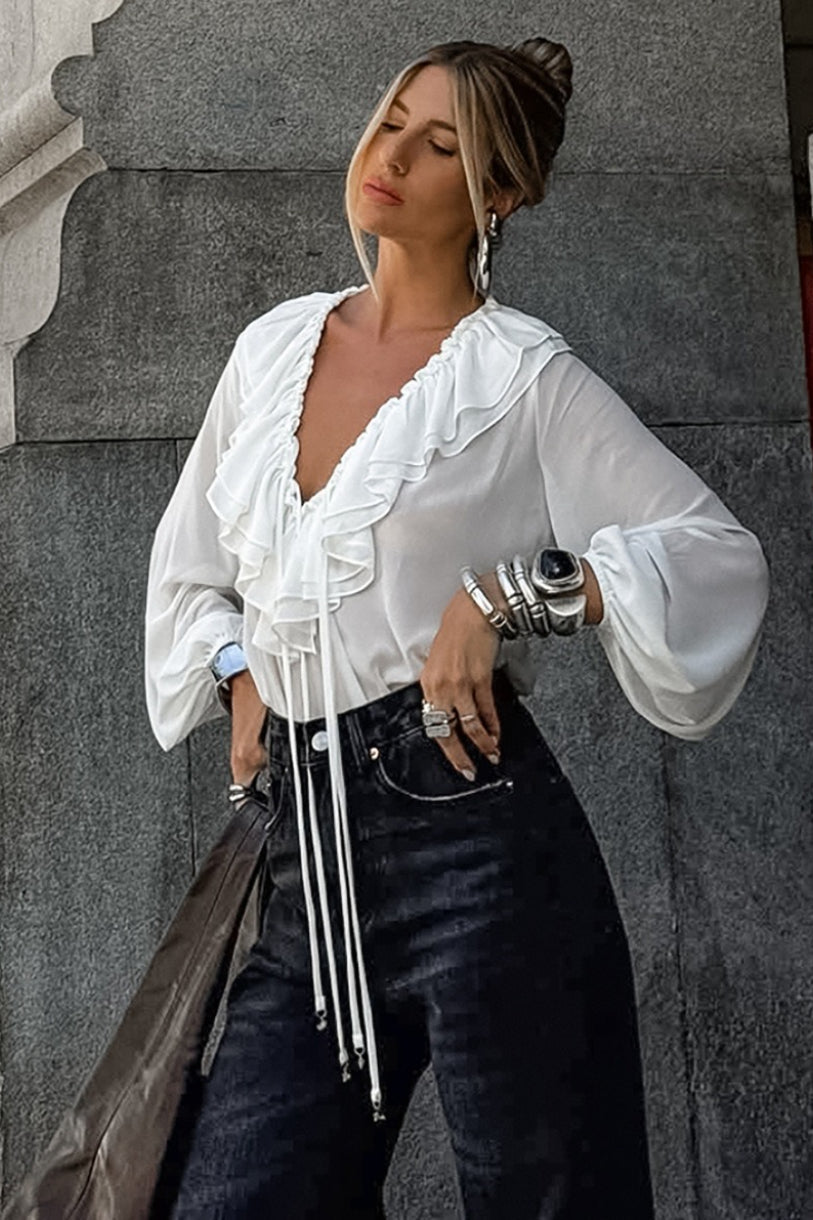 Minimalist V Neck Ruffle Blouse