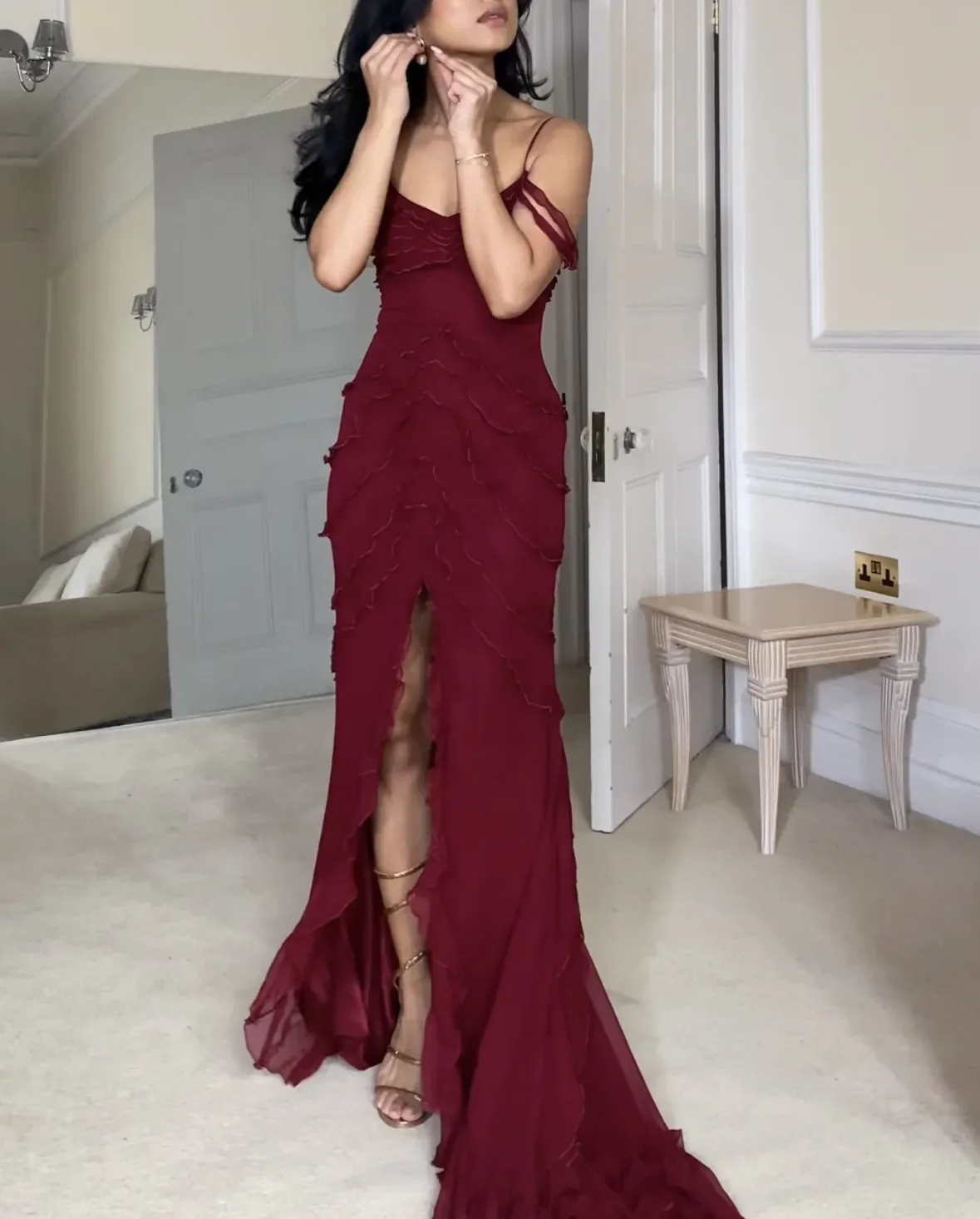 Burgundy Off Shoulder Straps Multi-layered Ruffles Long Prom Dress Chiffon Evening Dress cc1433