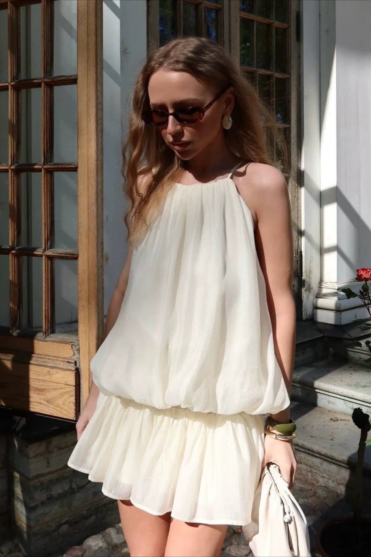 Halter Neck Gathered Bubble Hem Top and Ruffle Mini Skirt Two Piece Set