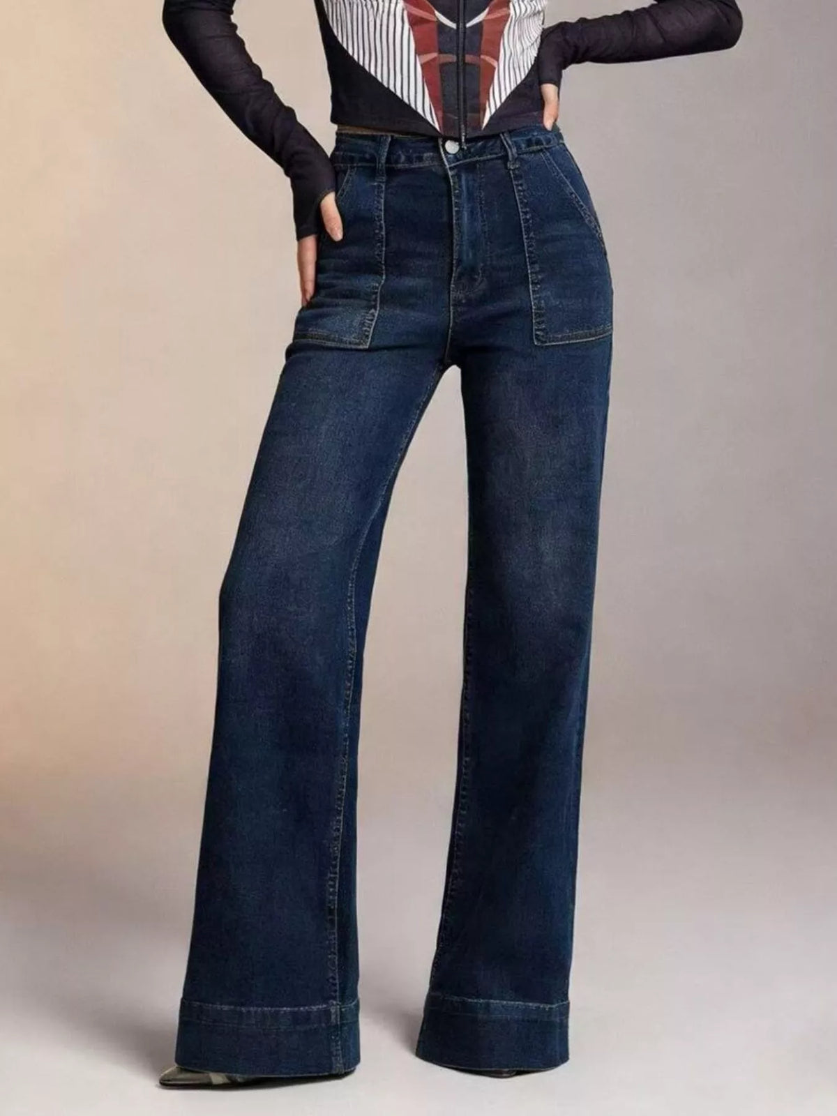 High Waist Patch Pocket Wide Cuff Hem Wide Leg Jeans 4