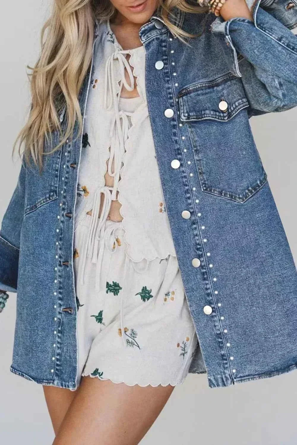Studded Button Front Chest Pocket Oversized Denim Shirt Jacket 3