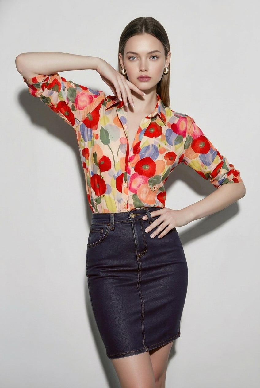 Simple Cartoon Floral Print Plus Size Blouse