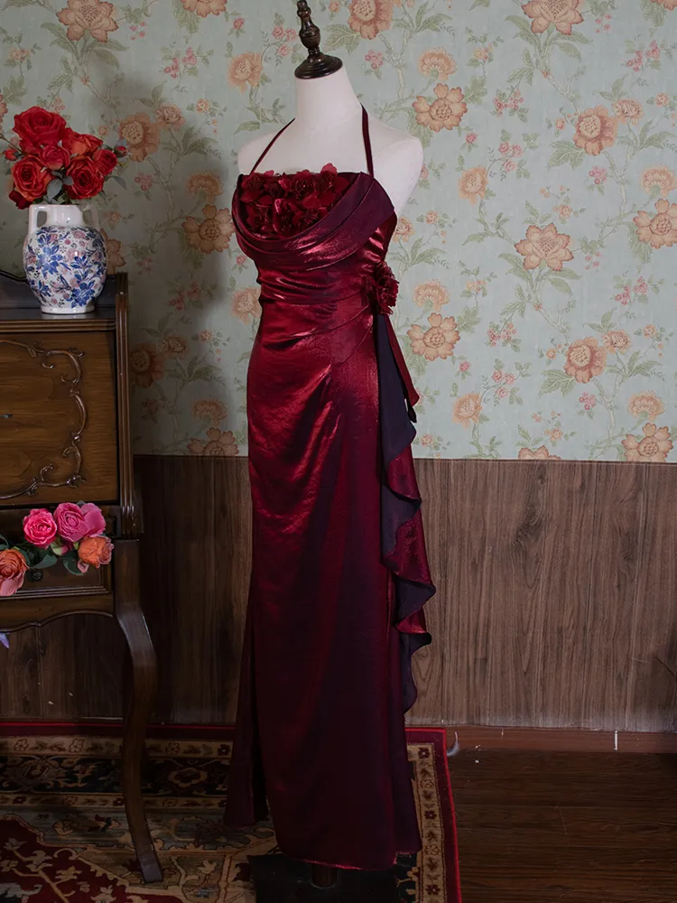 Vintage Burgundy Floral Long Prom Dress Halter Party Evening Gown cc1492