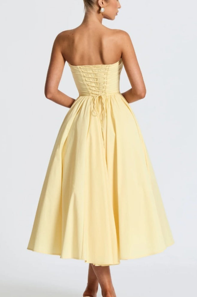 Strapless Bow Corset Satin Fit and Flare Midi Dress