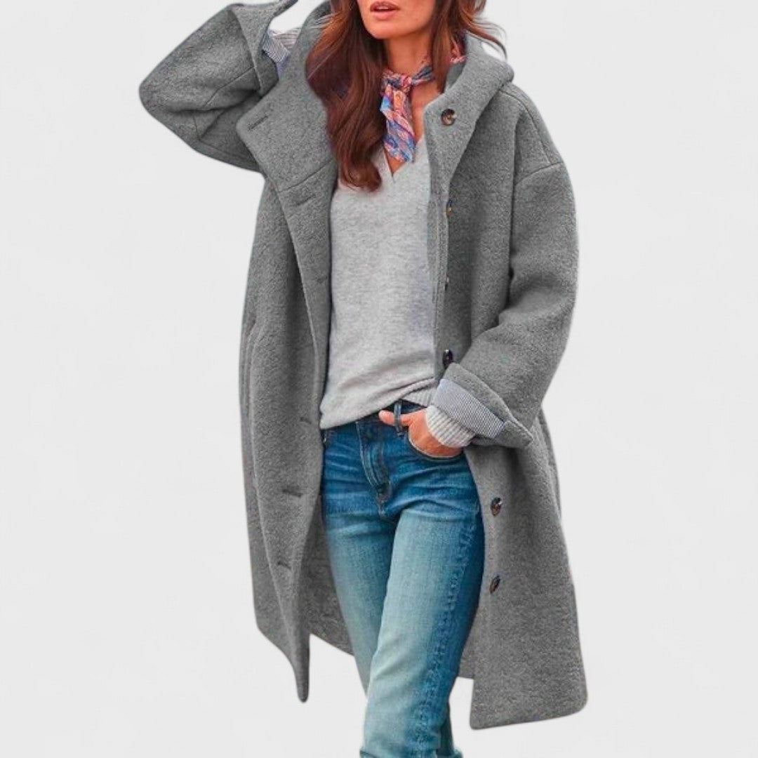 Hooded Button Front Longline Wool Blend Coat