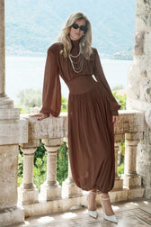Chiffon Puff Sleeve Ruched Midi Dress - View 5