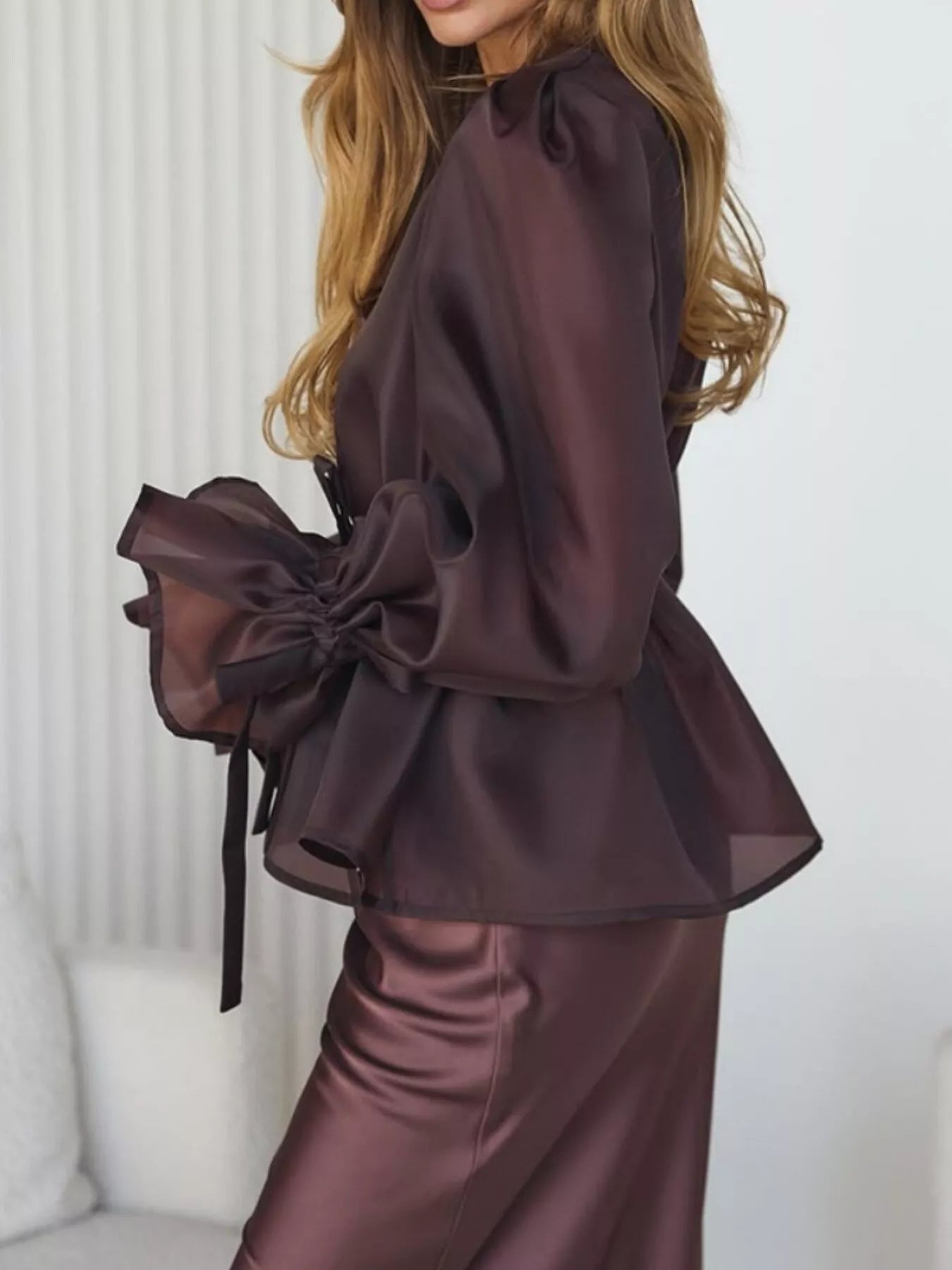 Flounce Sleeve Blouse and Satin Midi Skirt Two-Piece Set