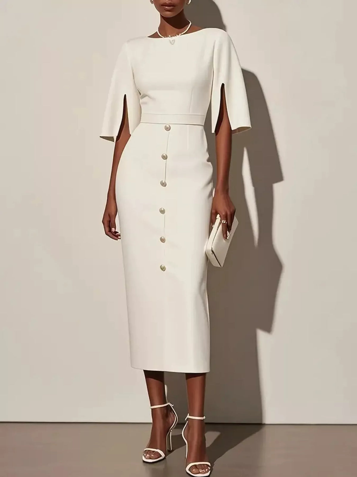 Boat Neck Split Sleeve Belted Button Front Pencil Midi Dress