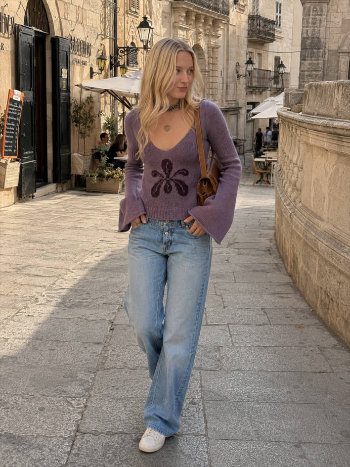 V Neck Floral Jacquard Sweater
