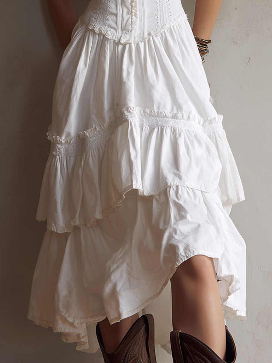Corset Bodice Spaghetti Strap Ruffle Tiered High Low Midi Dress