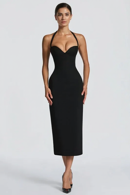 Solid Halter Neck Tie Back Midi Party Dress