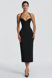 Solid Halter Neck Tie Back Midi Party Dress