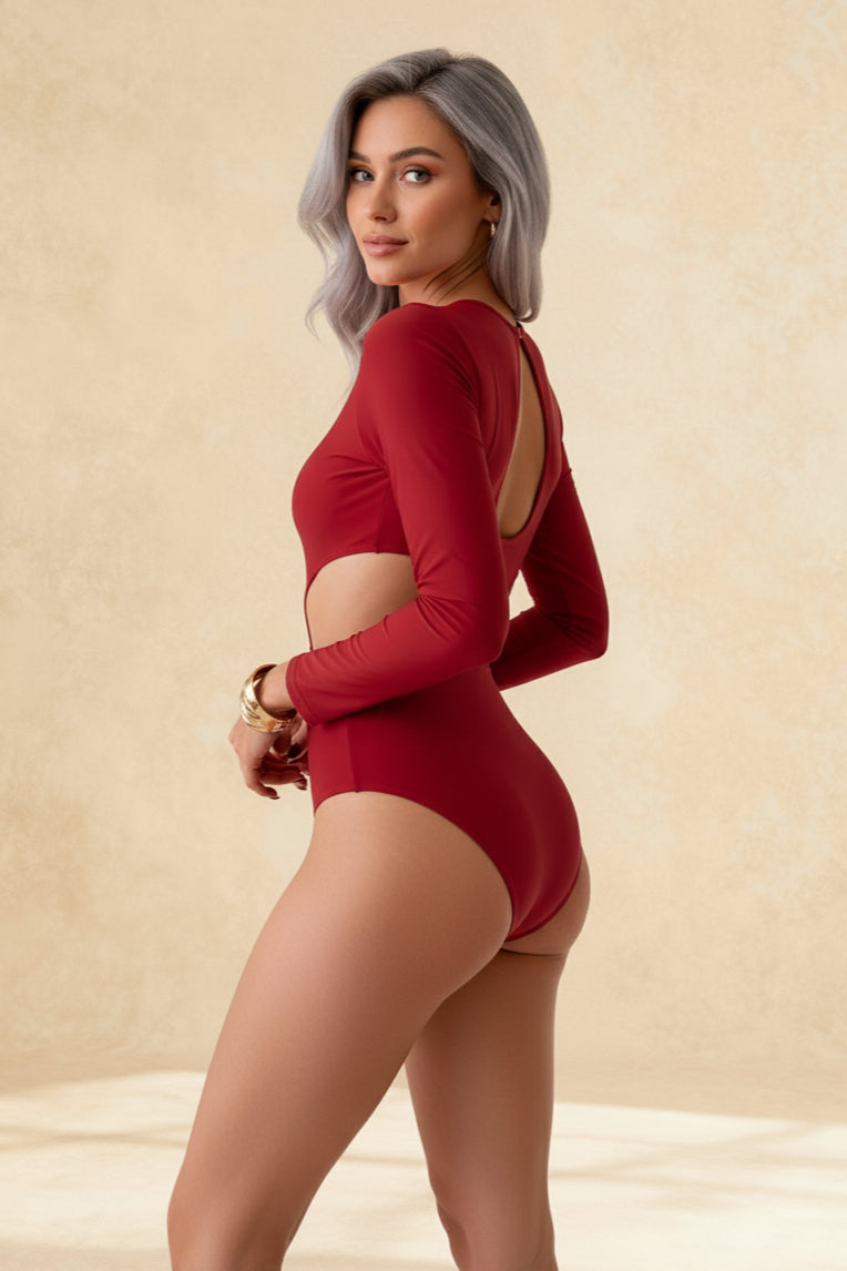 Crew Neck Long Sleeve Side Cut Out One Piece Swimsuit 4