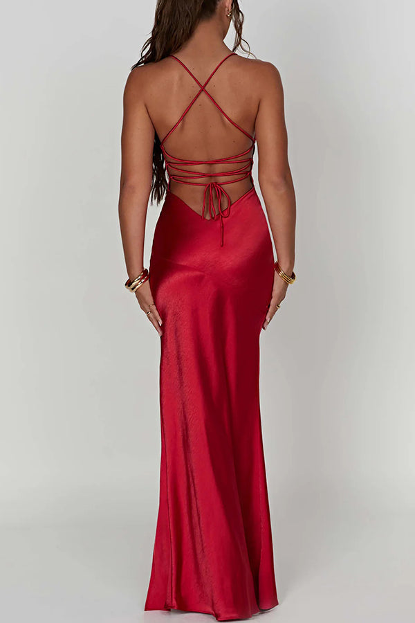 Satin V-Neck Spaghetti Strap High Split Bodycon Maxi Dress 27