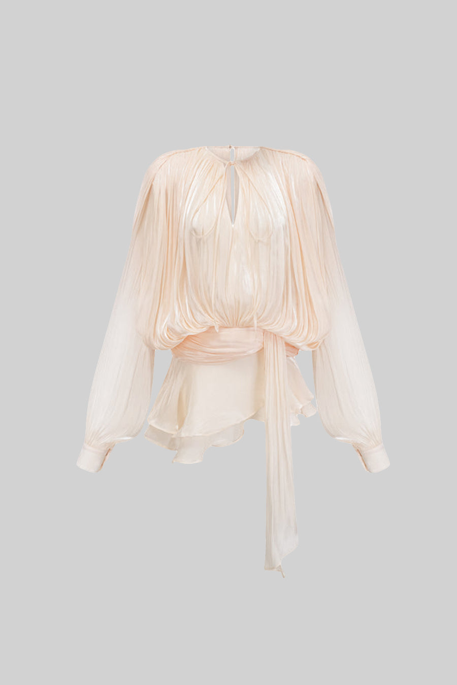 Pleated Satin Tie Neck Long Sleeve Wrap Waist Ruffle Hem Mini Dress 2