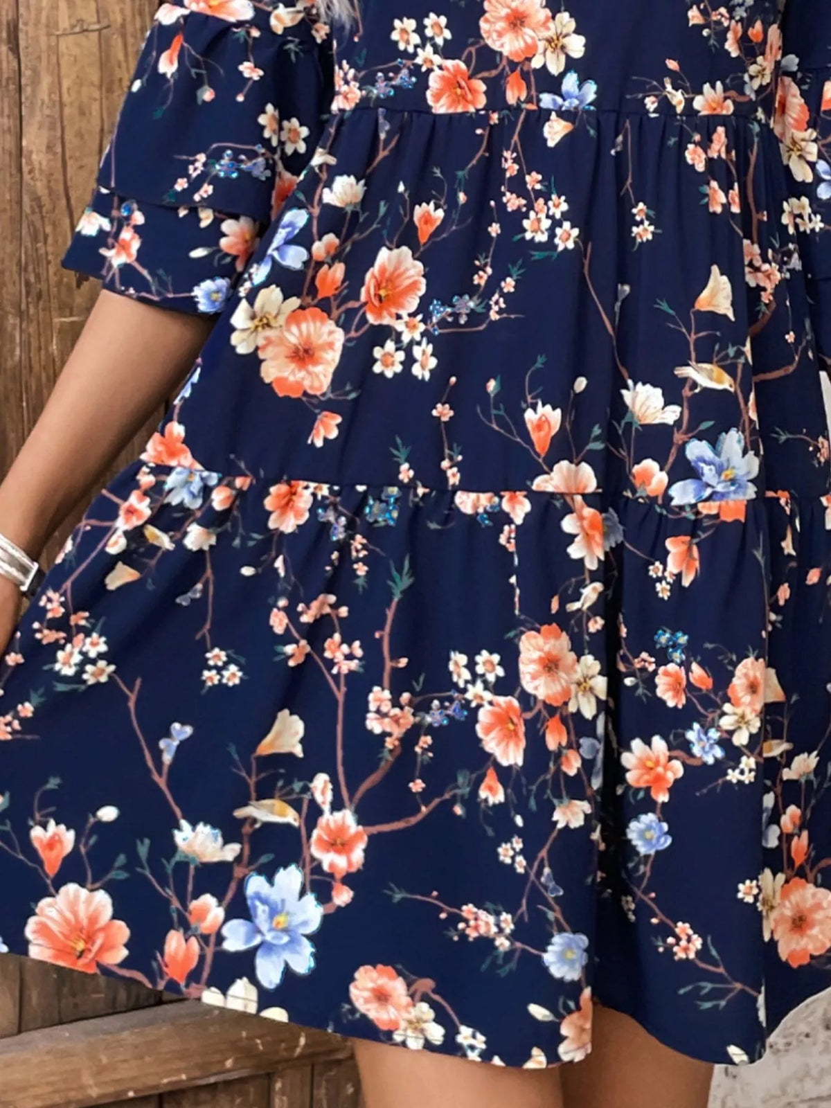 Floral Print V-Neck Ruffle Half Sleeve Tiered Babydoll Mini Dress 2