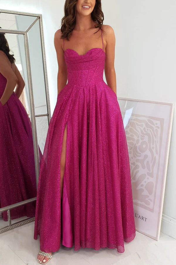 Cinderella Glitter Tulle Fabric Cowl Neck Back Lace-up Maxi Dress - View 5
