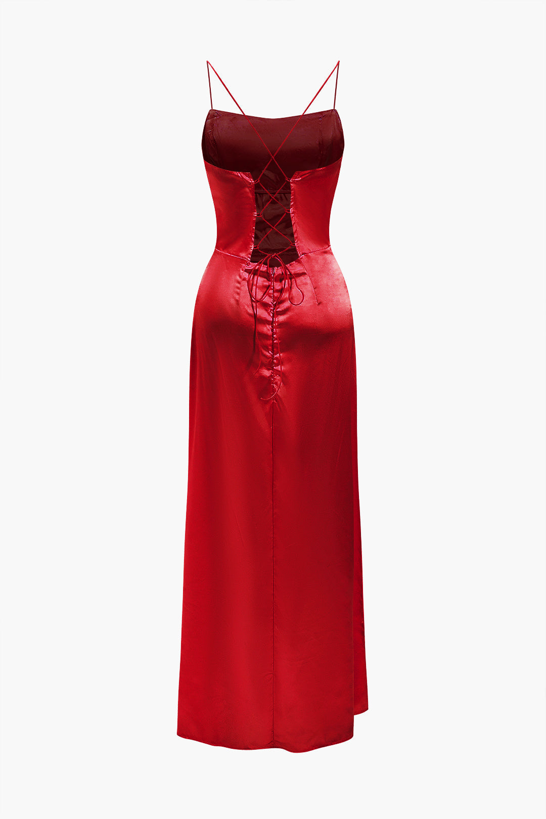 Satin Cowl Neck Corset Bodice Spaghetti Strap High Split Maxi Gown 26