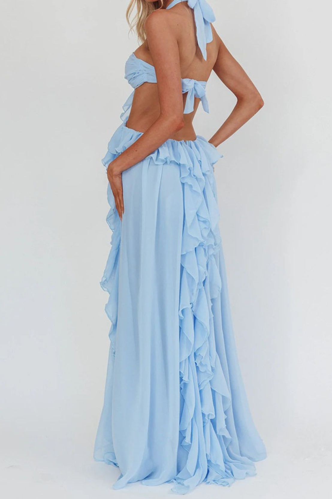 Strapless Chiffon Ruffle Rosette Cut Out High Split Maxi Dress
