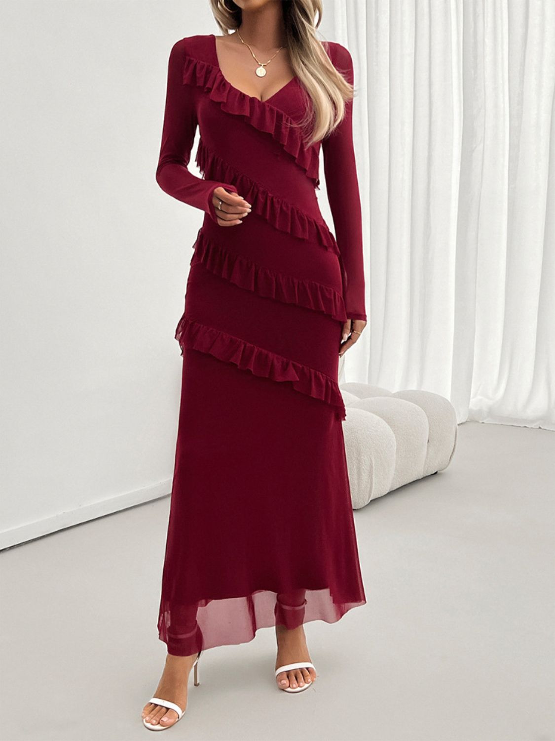 Mesh Surplice V-Neck Long Sleeve Tiered Ruffle Mermaid Maxi Dress 4