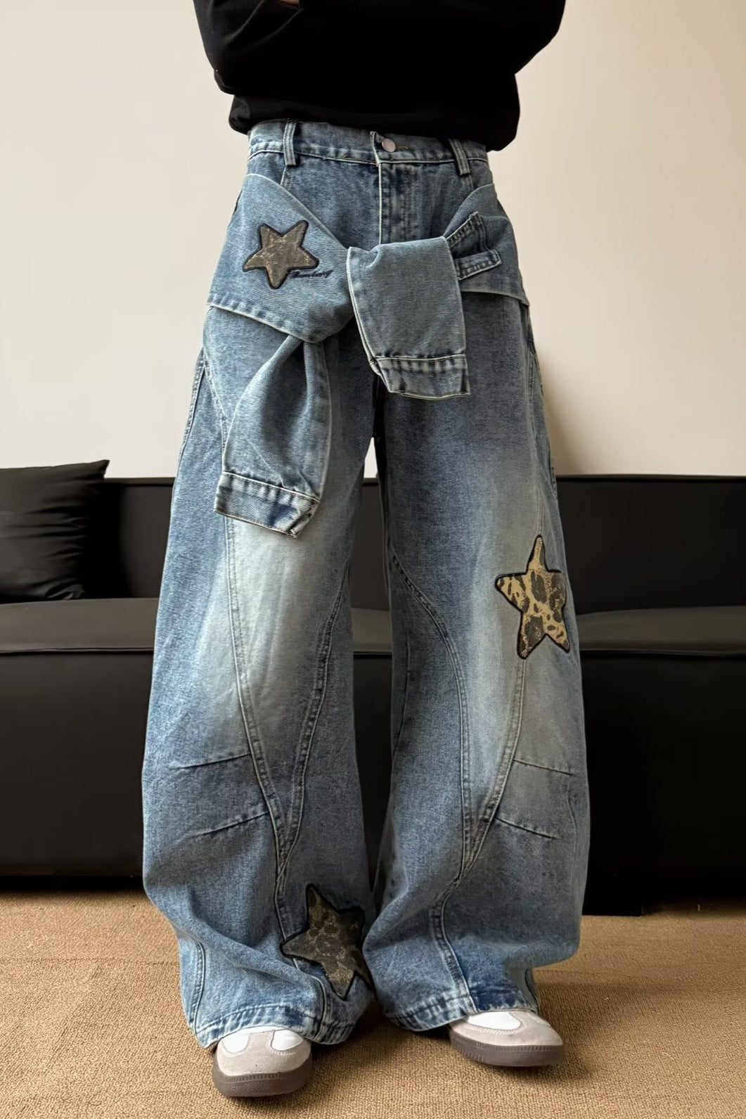 Vintage Washed Patchwork Wide-Leg Denim Jeans