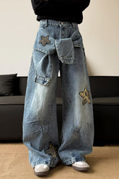 Leopard Print Patchwork Tie Loose Wide Leg Retro Jeans