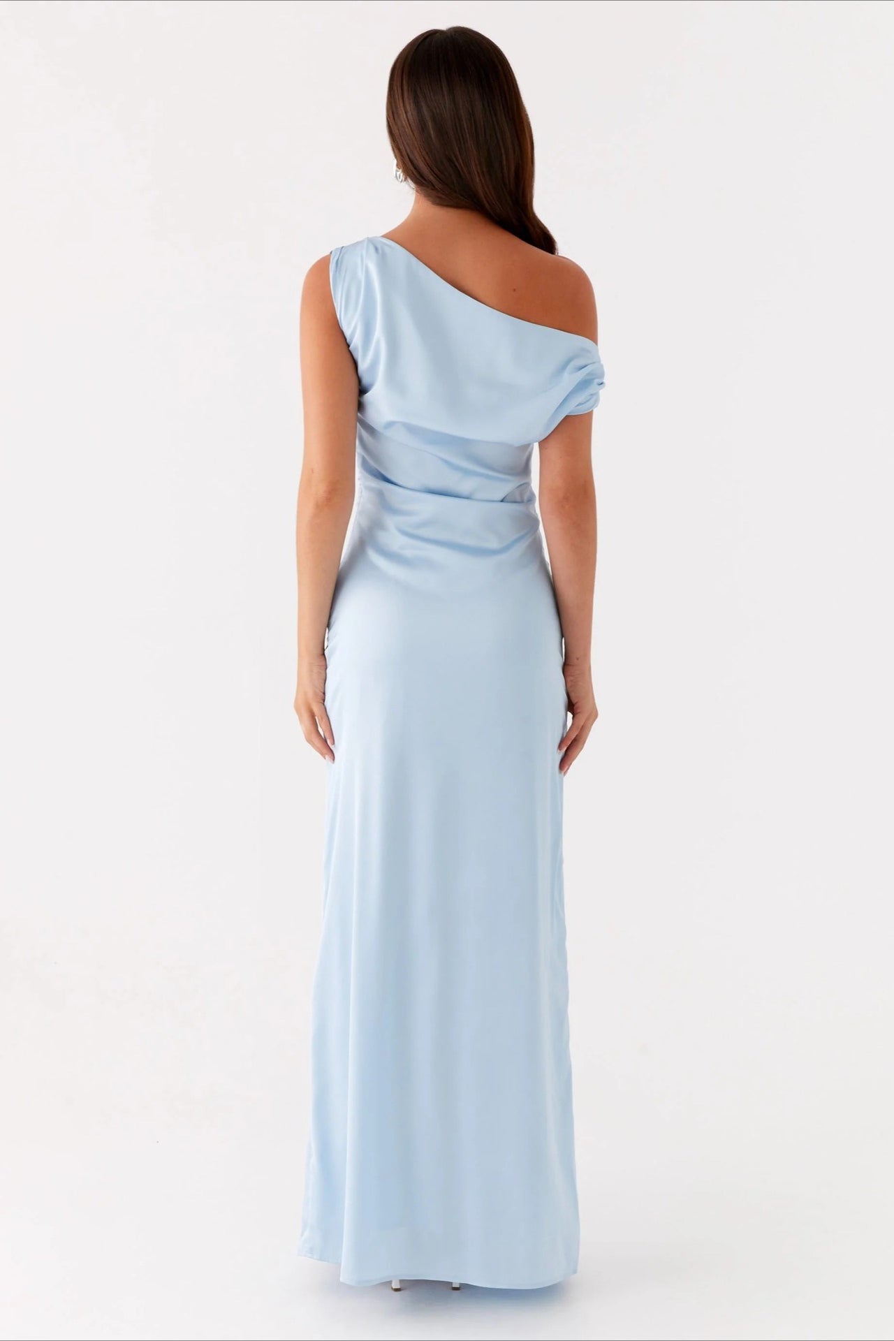 Satin Asymmetric One Shoulder Ruched Maxi Gown