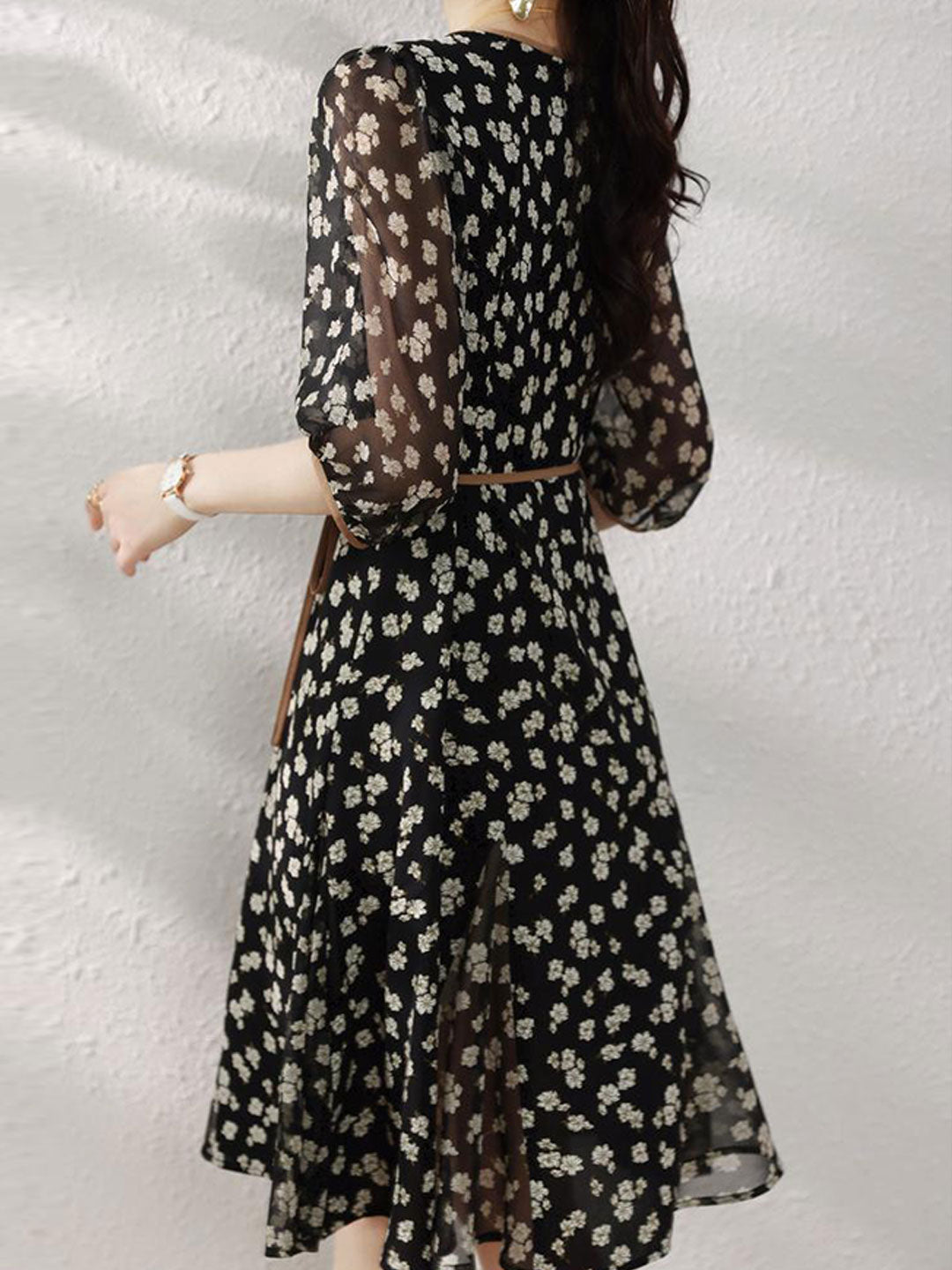 Floral Print Wrap V-Neck Puff Sleeve Tie Waist Dress