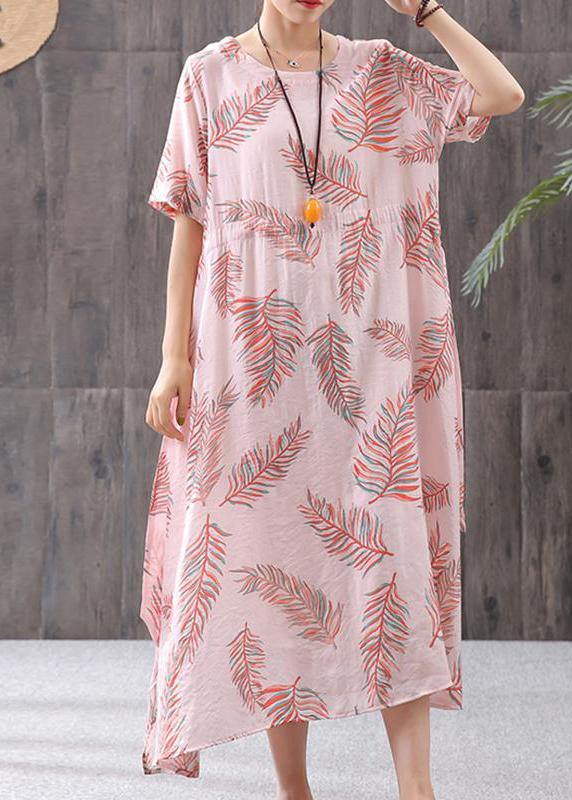 Tropical Palm Leaf Print Round Neck Short Sleeve Asymmetric Hem Midi Dress