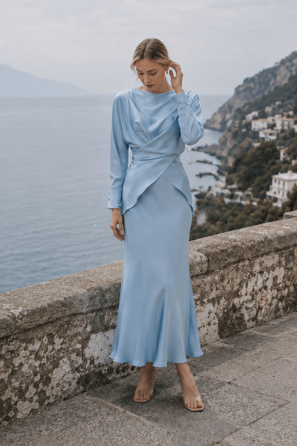 Solid Satin Cinched Waist Skirt Set