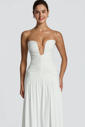 Solid Strapless High Slit Ruched Bodycon Party Dress