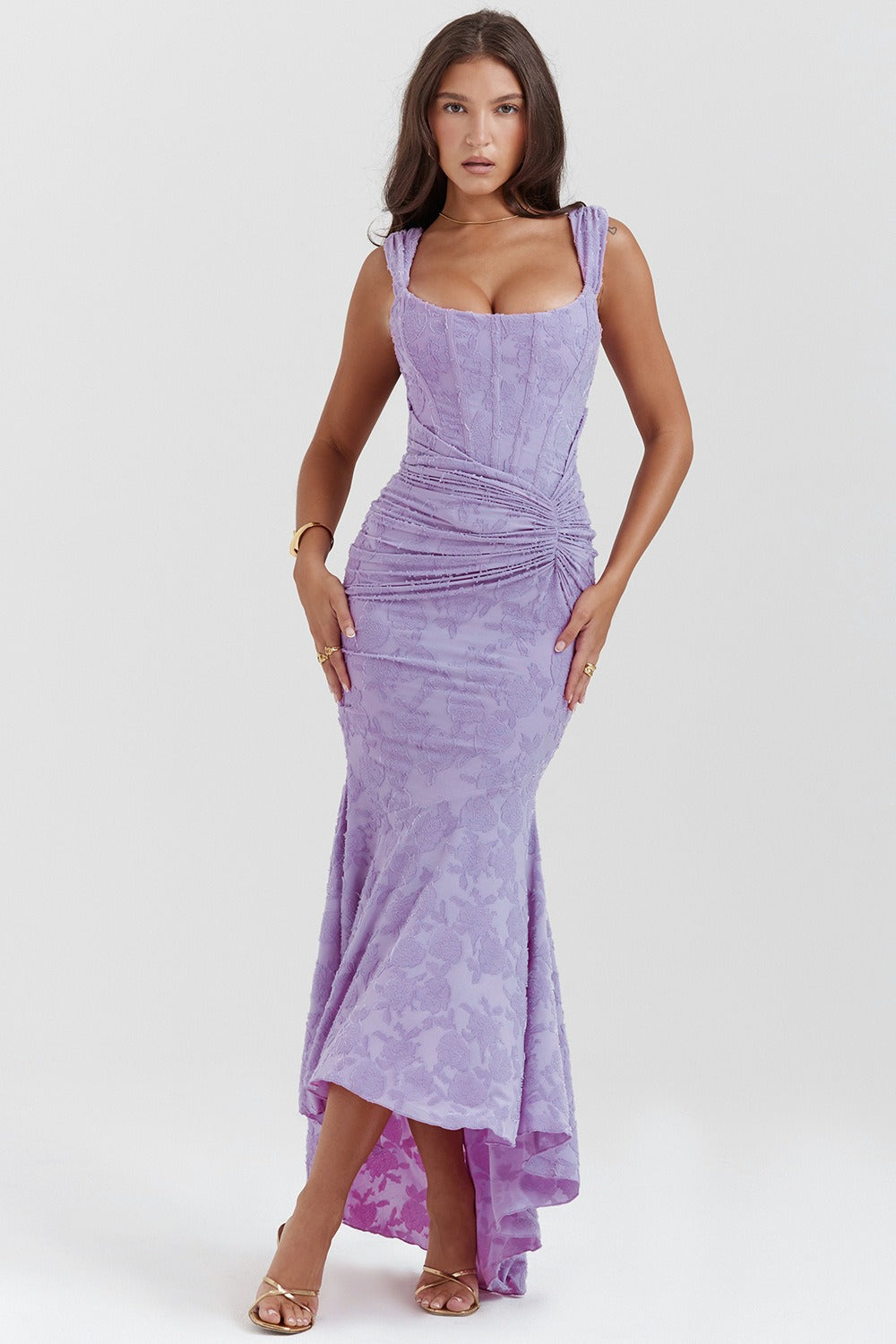 Jacquard Square Neck Corset Ruched Mermaid Gown