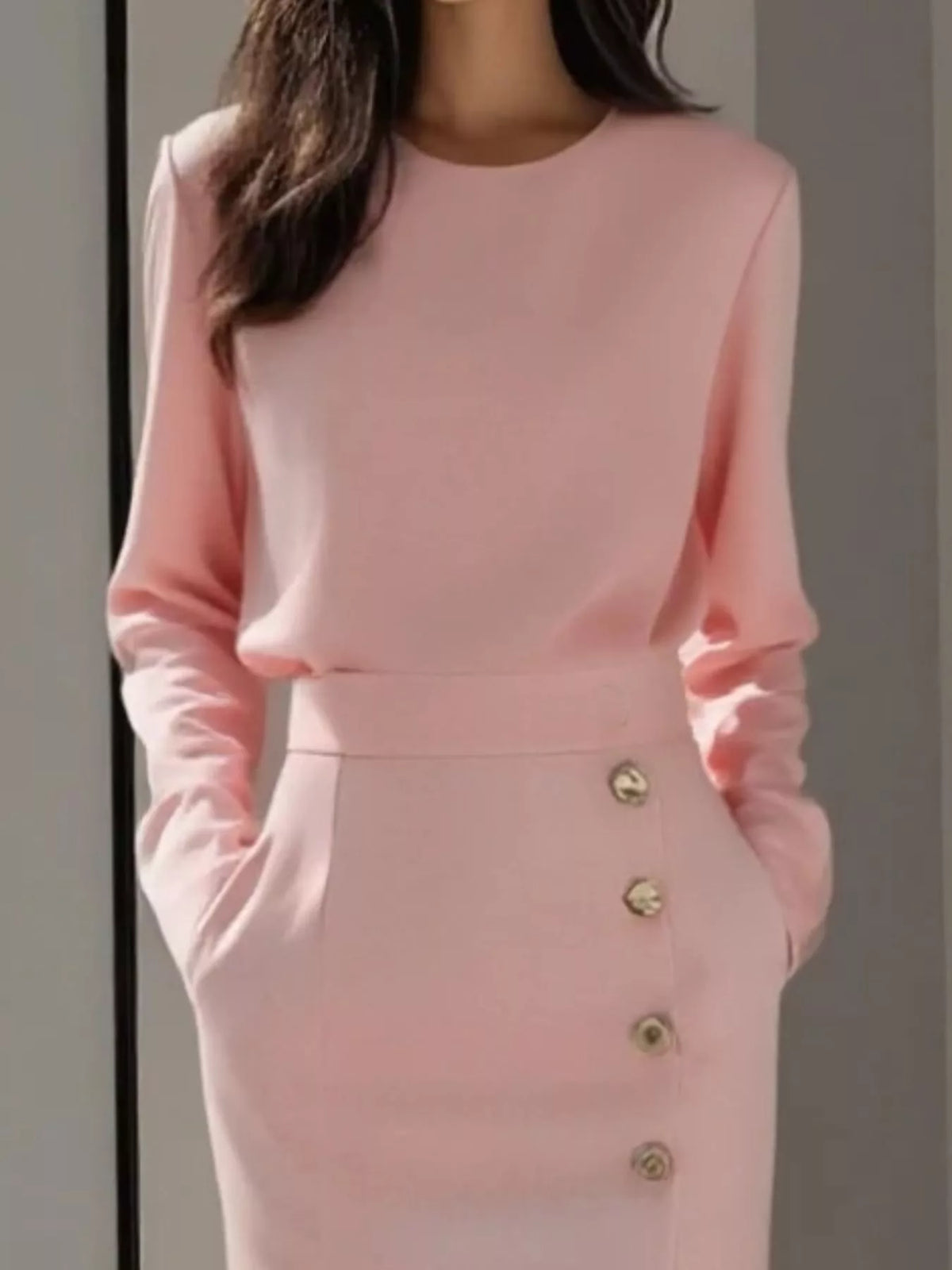 Round Neck Long Sleeve Button Detail Side Split Midi Dress 3