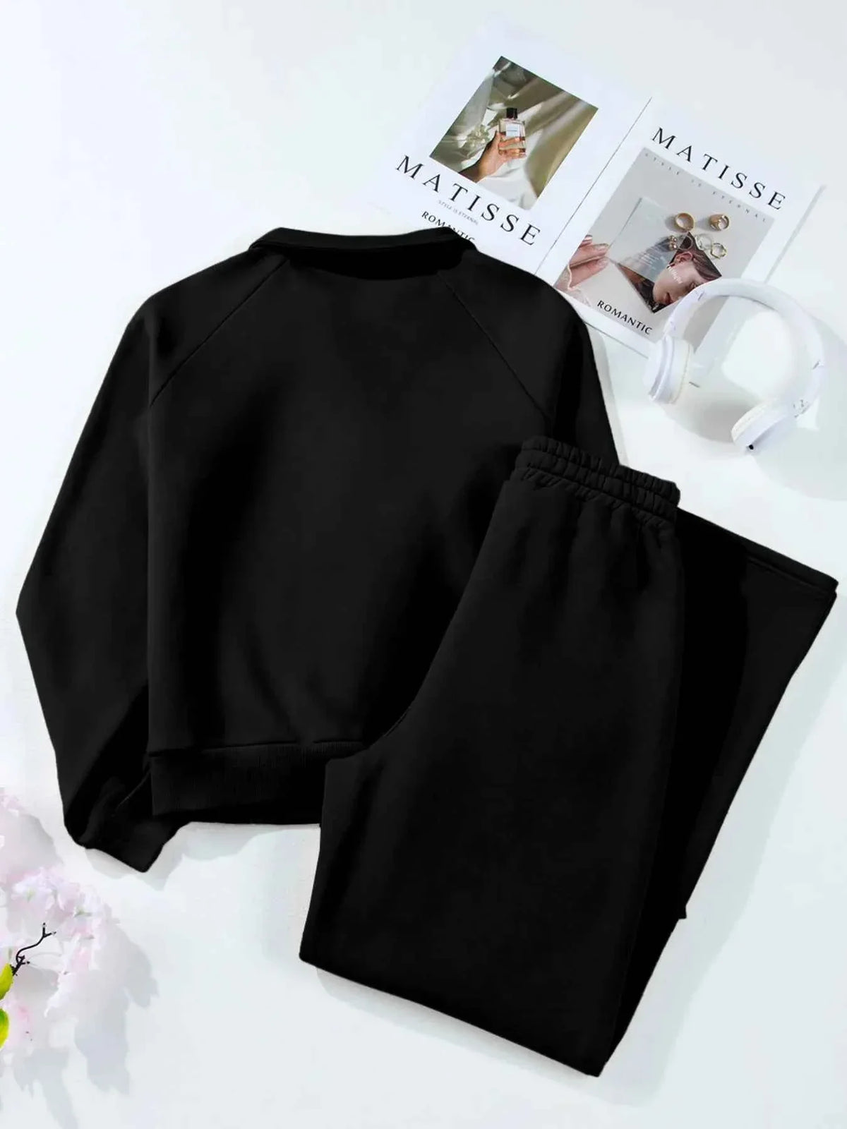 Collared Button Placket Sweatshirt and Seam Front Wide Leg Pants Two Piece Set 28