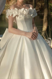 Off Shoulder Satin Train Wedding Dress - View 2