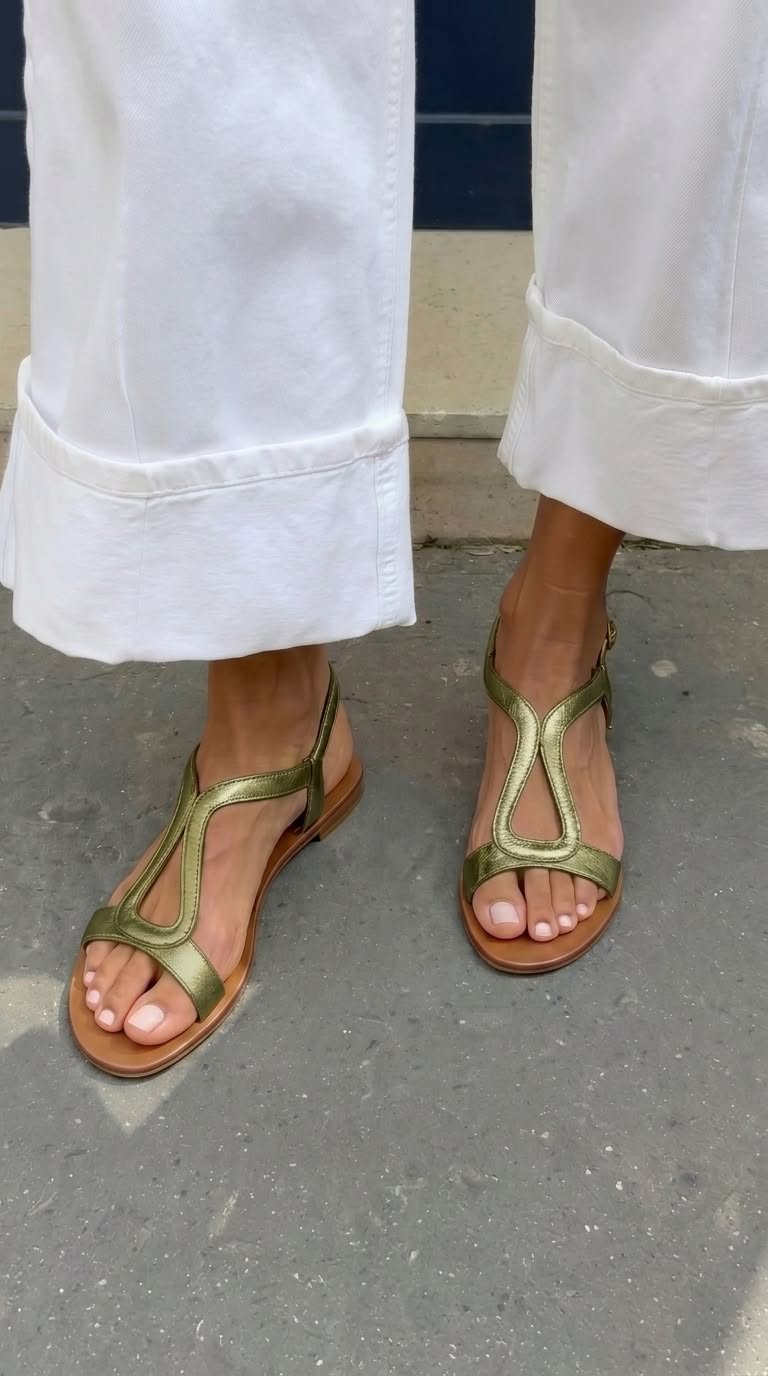 T Strap Slingback Metallic Flat Sandals