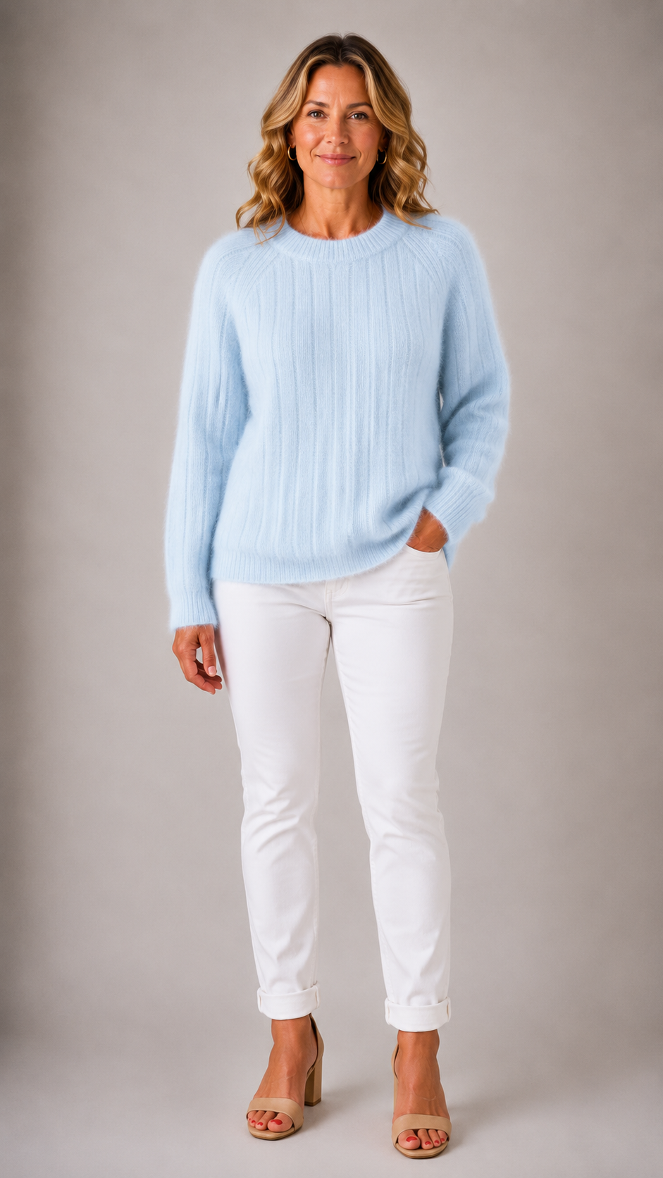Crew Neck Ribbed Fuzzy Knit Sweater