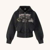Heavy Washed Distressed Letter Print Zip Hoodie