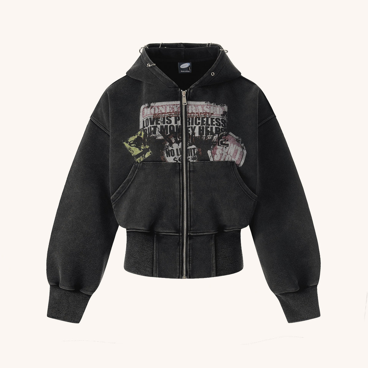 Washed Slogan Graphic Print Ribbed Waist Cropped Zip Up Hoodie