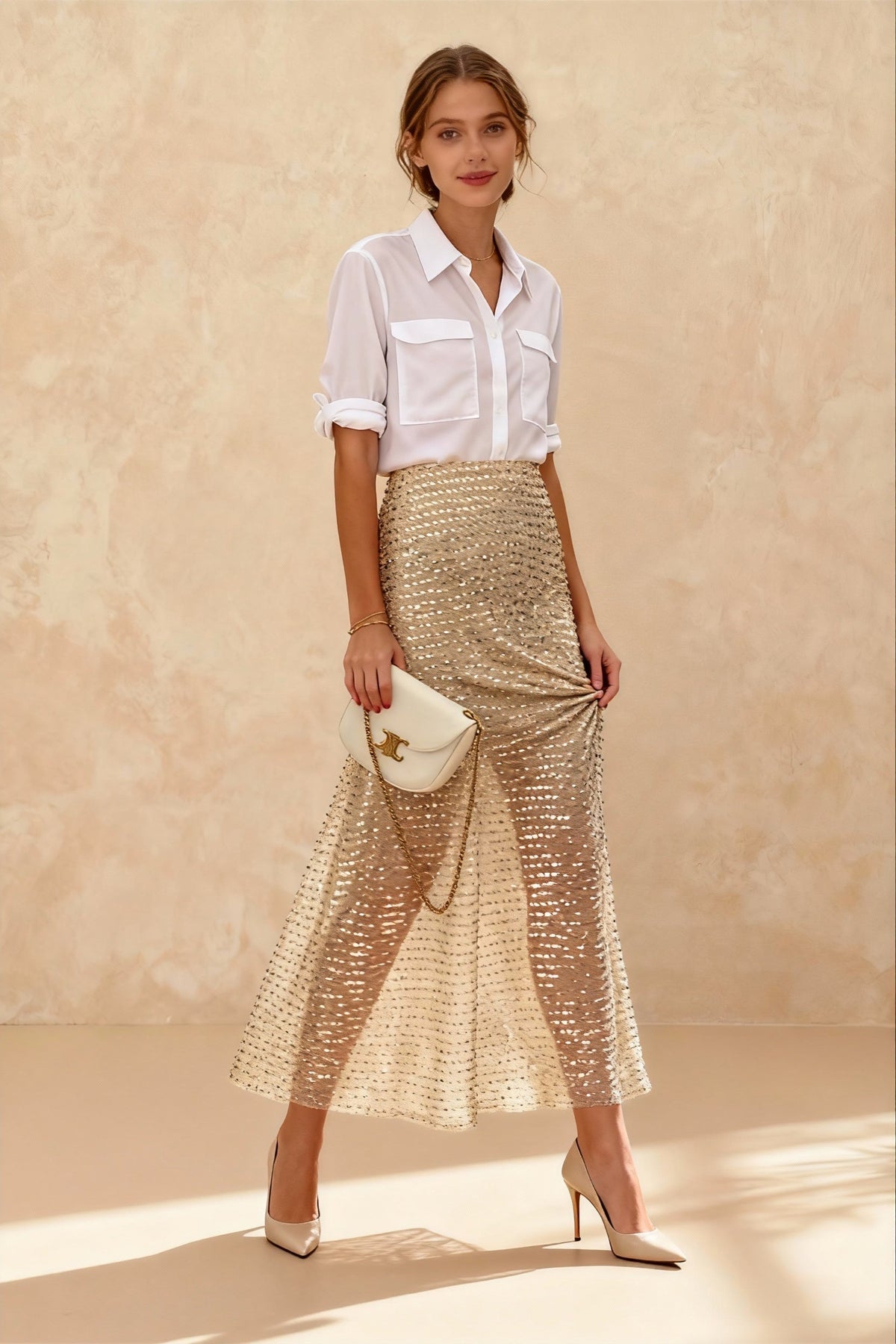 Sequin Mesh High Waist Sheer Overlay A-Line Maxi Skirt 3