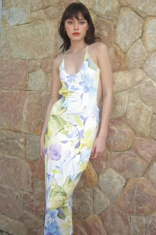 Floral Print Backless Sleeveless Graceful Maxi Dress
