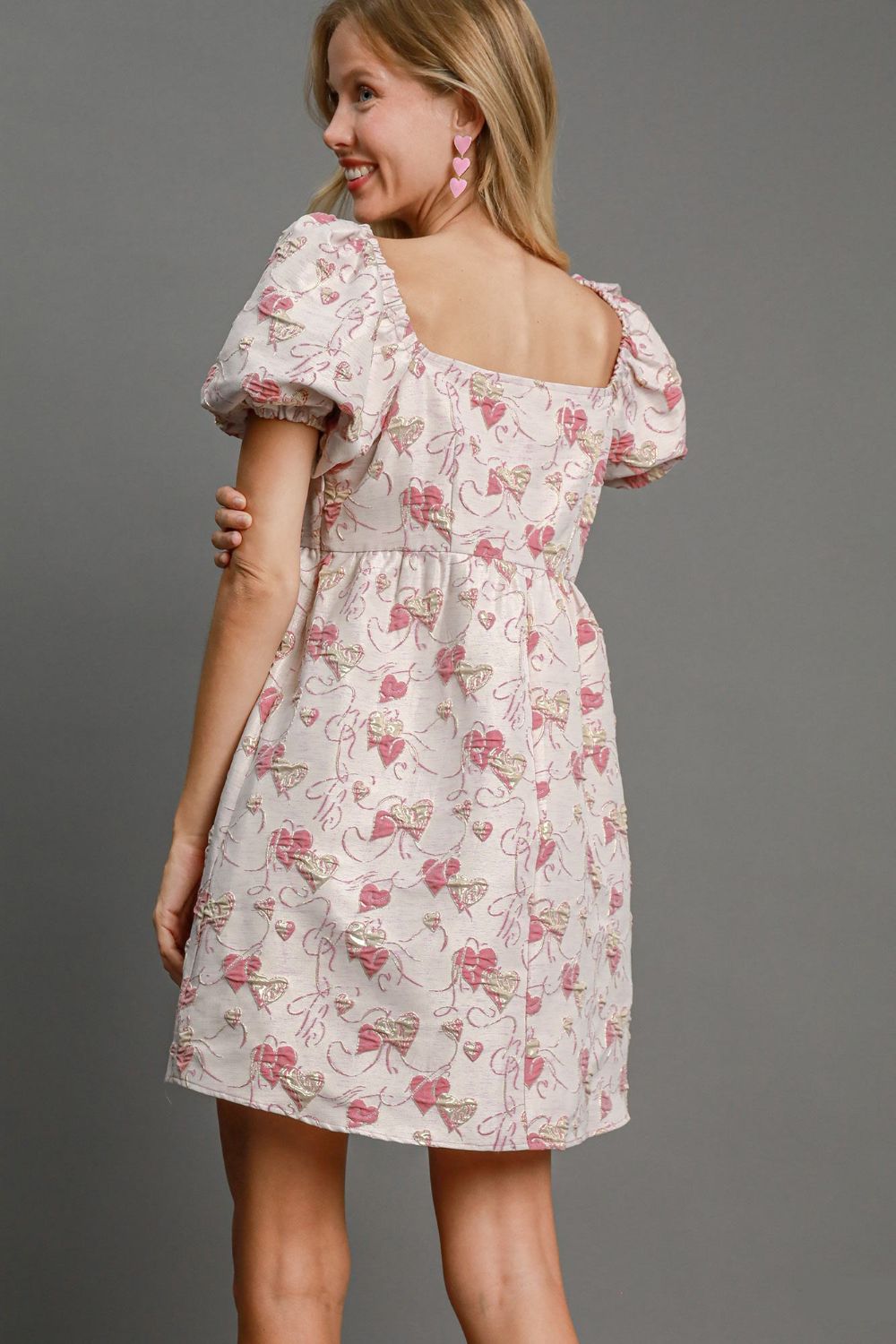 Ella Boutique Heart Jacquard Mini Dress with Square Neckline and Puff Sleeves Designer Edit