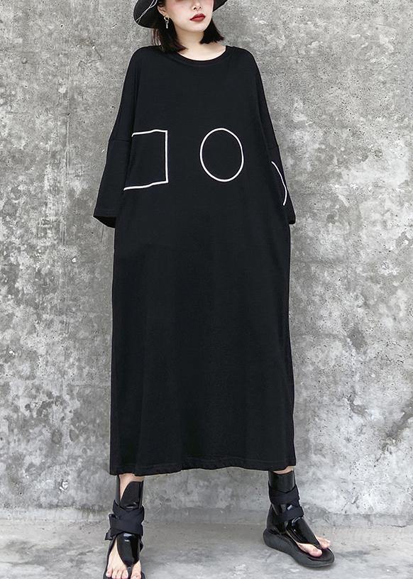 Geometric Circle Print Long Sleeve Oversized Crew Neck Maxi Shift Dress