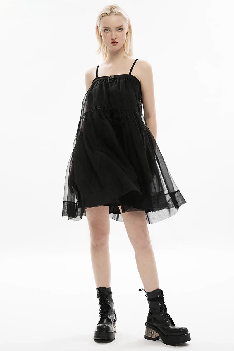 Sheer Mesh Overlay Square Neck Spaghetti Strap Tiered Babydoll Mini Dress