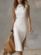 Mock Neck Sleeveless High Split Bodycon Midi Dress