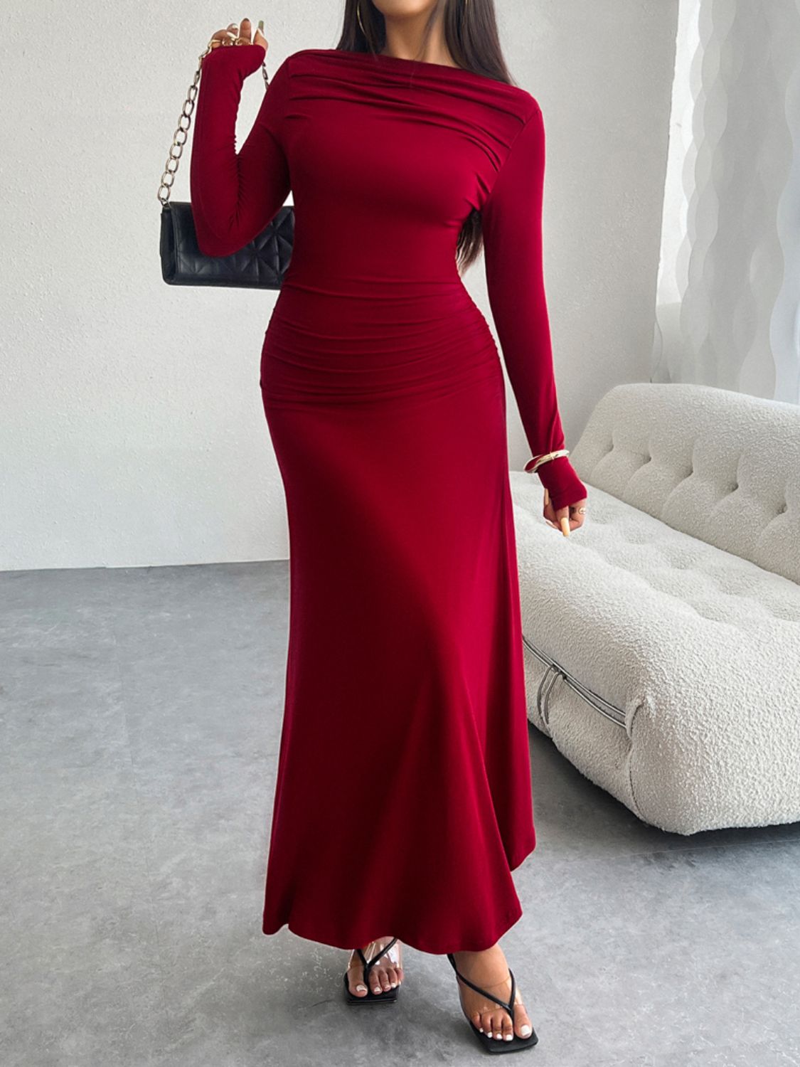 Ruched Boat Neck Long Sleeve Bodycon Maxi Dress 4