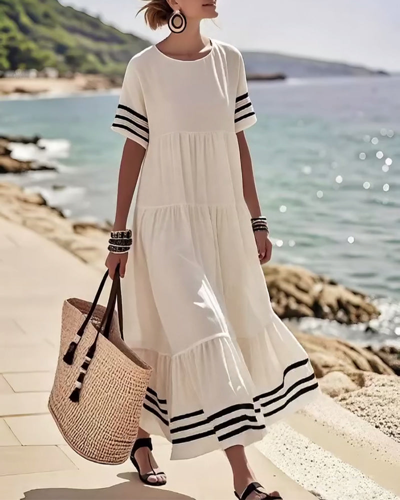 Striped Trim Short Sleeve Tiered Maxi Dress