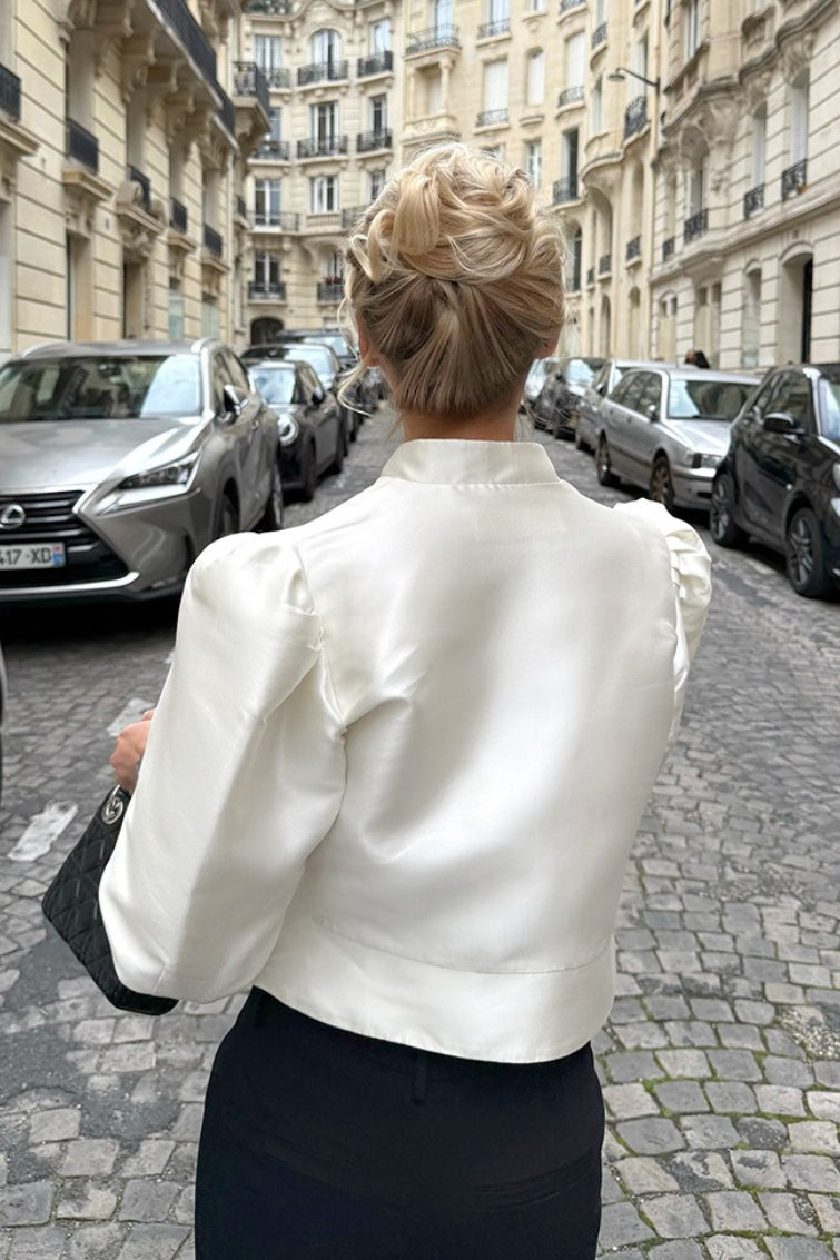 Satin Mandarin Collar Puff Shoulder Button Front Peplum Blouse 3